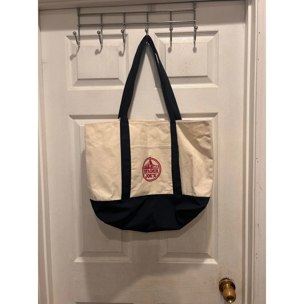 Trader Joe's Reusable Canvas Tote Bag Cream Navy Blue Embroidered Logo NWT
